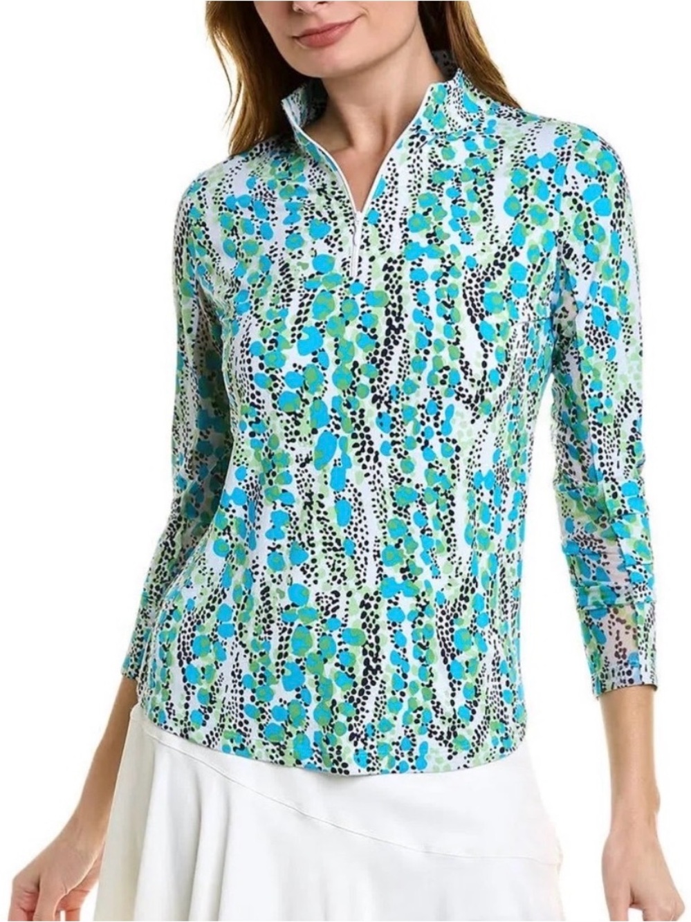 Ibkul Kamila print active top UPF 50+  1/4 zip mock neck mesh sleeve Size XS